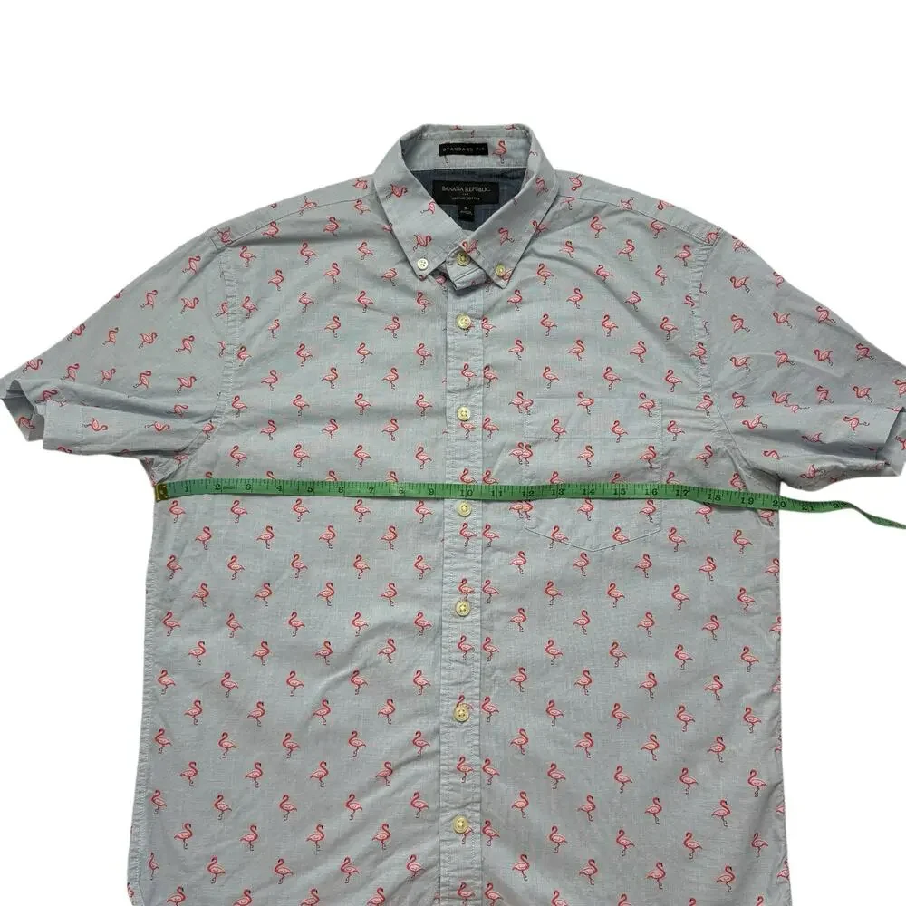 BANANA REPUBLIC Flamingo Print Blue Standard Fit Organic Cotton Shirt Small Mens